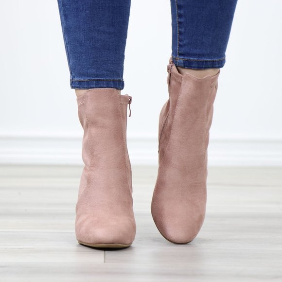 Pointed Toe Pink Faux Suede Block High Heel Above Ankle Boots - Picture 10 of 14